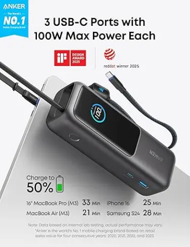 پاوربانک انکر مدل A1695 ظرفیت 25000 میلی آمپر ساعت به همراه دو کابل USB Type-C--2